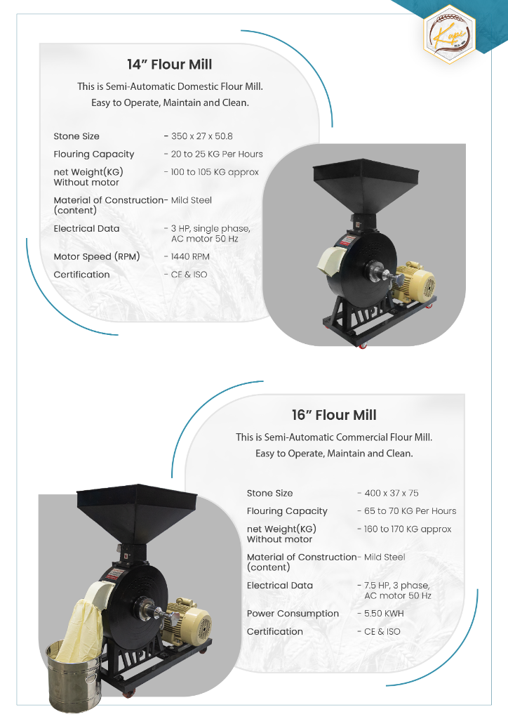 Kapi Catalogue Page 4 - 14in and 16in Flour Mill Specs